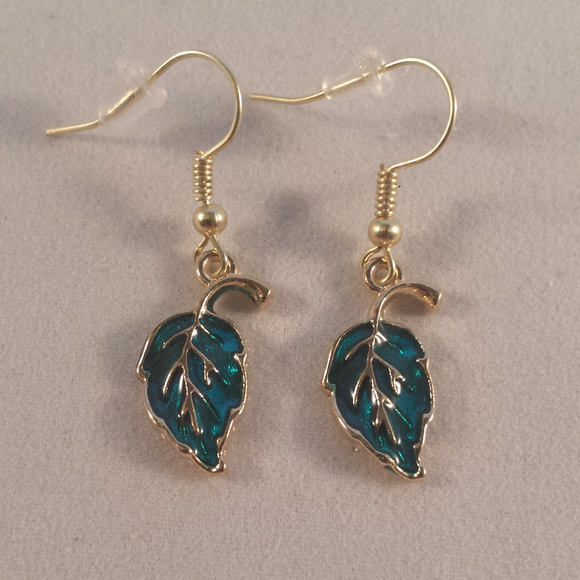Gold Blue Leaf Earrings Hypoallergenic Hooks! - Picture 1 of 2
